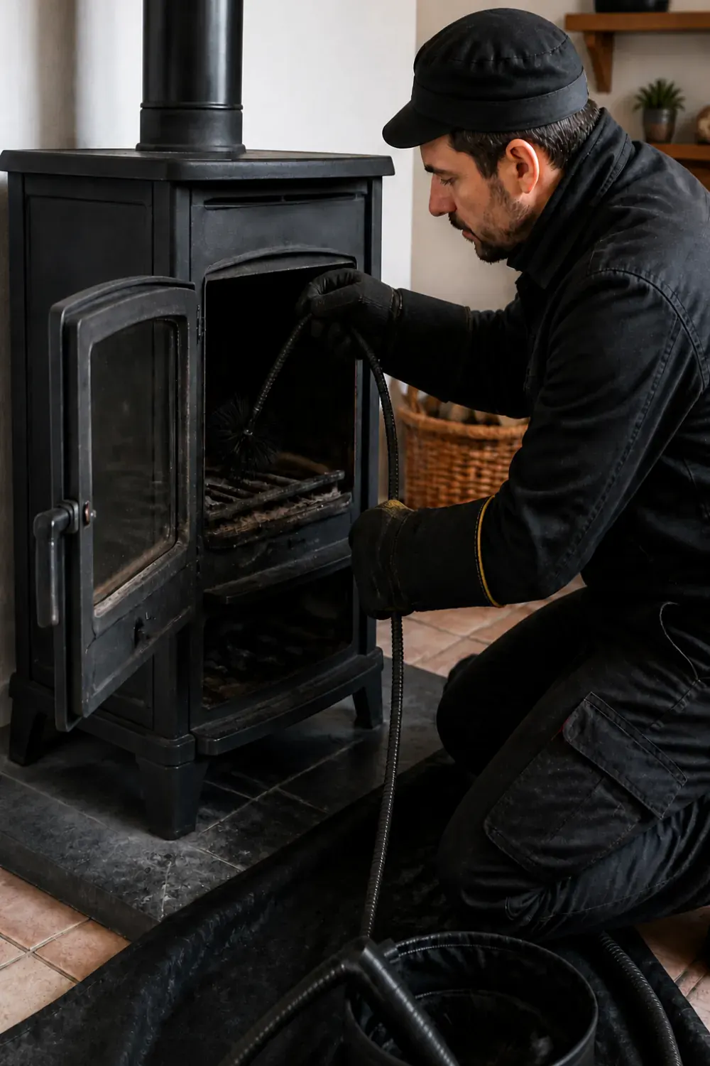 Ramoneur professionnel ramonant un poêle à bois dans le Calvados