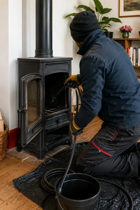 Ramoneur professionnel en entretien d'un poêle à bois dans le Calvados