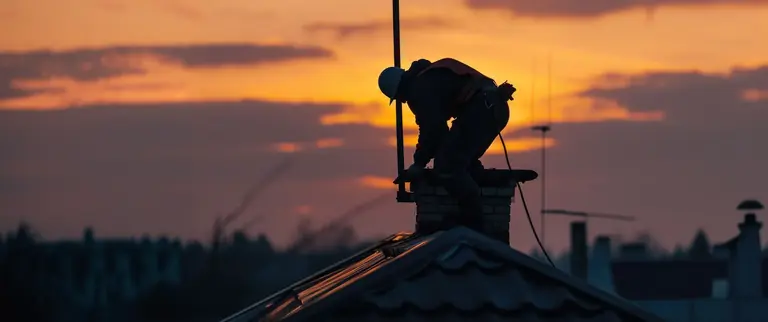 Ramoneur professionnel intervenant sur une toiture au coucher du soleil dans le Calvados