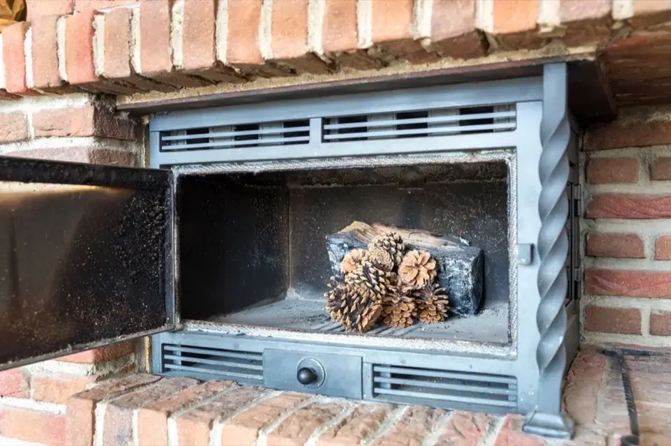 Feu de bois dans une cheminée entretenue après ramonage dans le Calvados