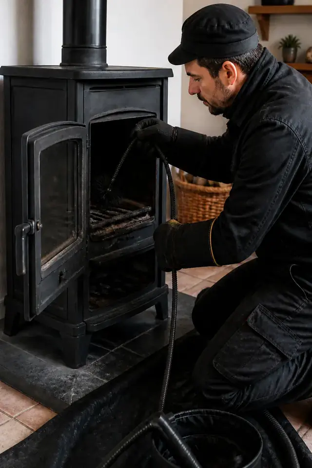 Intérieur avec cheminée et feu de bois, entretien par un ramoneur du Calvados